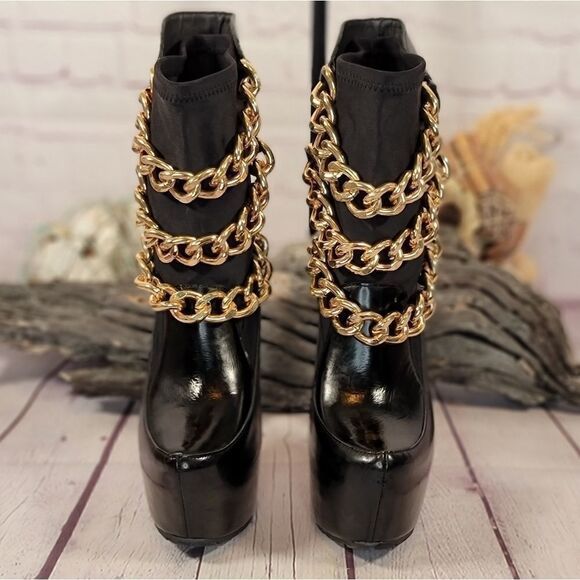 Z Gold Black ZiGi Girl Chained Platform Stiletto Sock Boots - Picture 2 of 14